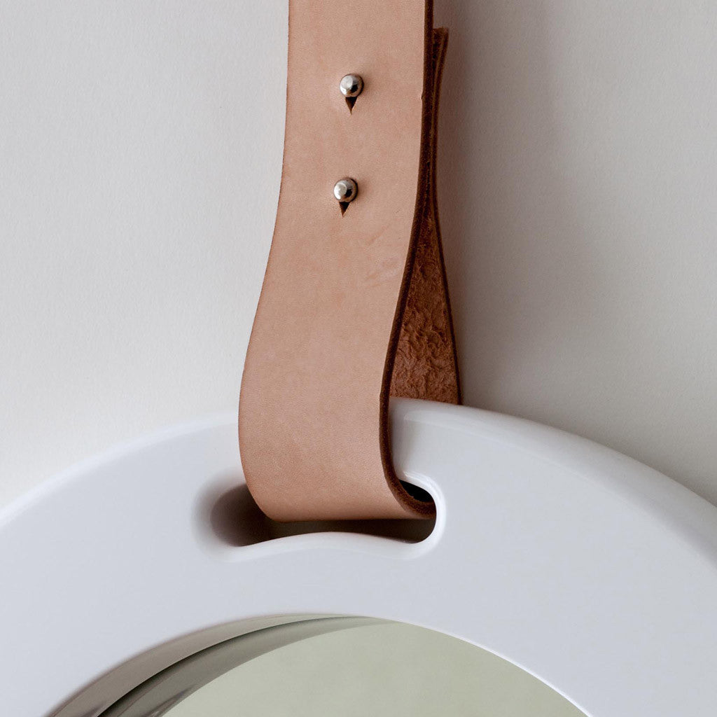 alp mirror 703 round oak or white frame with leather strap
