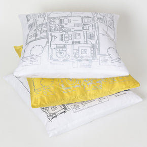 white linen or yellow silk cushion with screen printing
