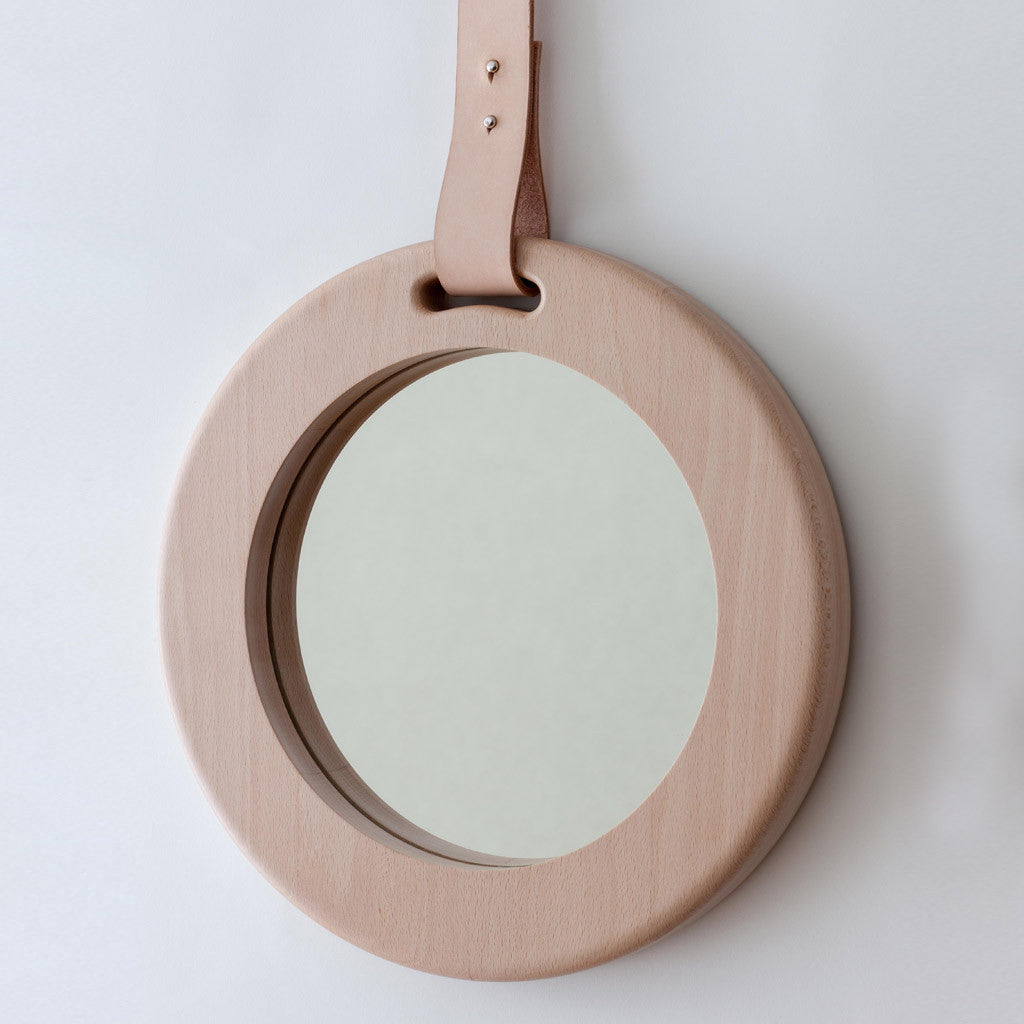 alp mirror 703 round oak or white frame and leather strap